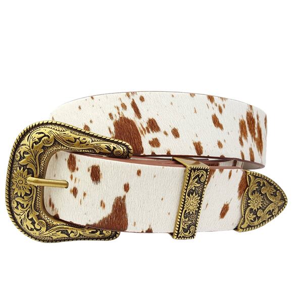 Western Cowgirl Brown Cow Hair Leather Belt Embossed Buckle main image 5